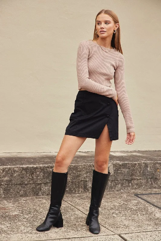 Beige Knit Top Long Sleeve Crew Neck