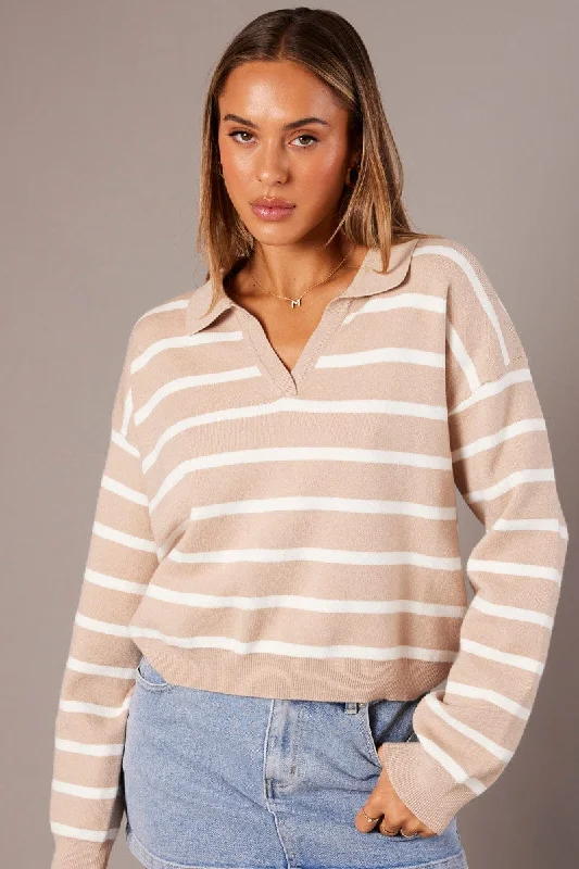 Beige Stripe Knit Top Long Sleeve Collar