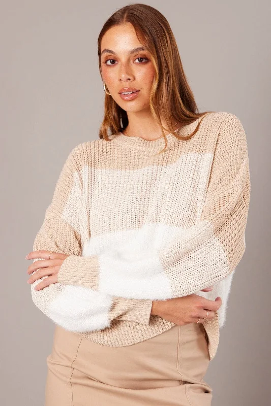 Beige Stripe Knit Top Long Sleeve Color Block