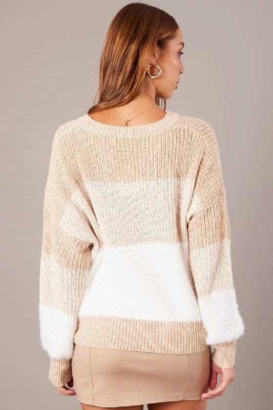 Beige Stripe Knit Top Long Sleeve Color Block