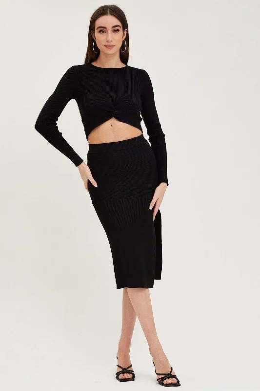 Black Knit Top Long Sleeve Crop