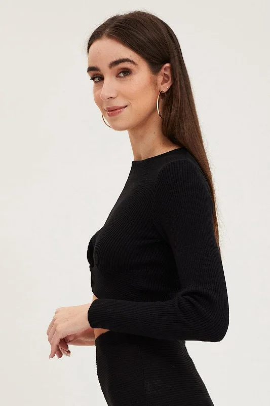 Black Knit Top Long Sleeve Crop