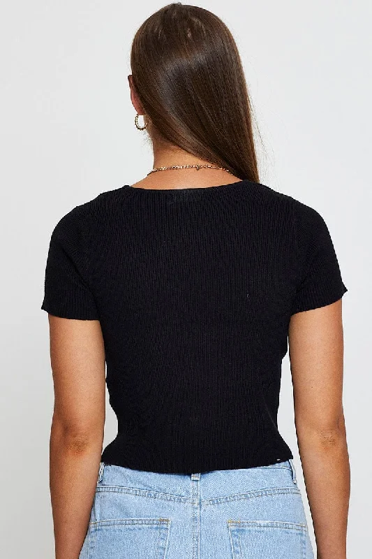 Black Knit Top Short Sleeve Cut Out