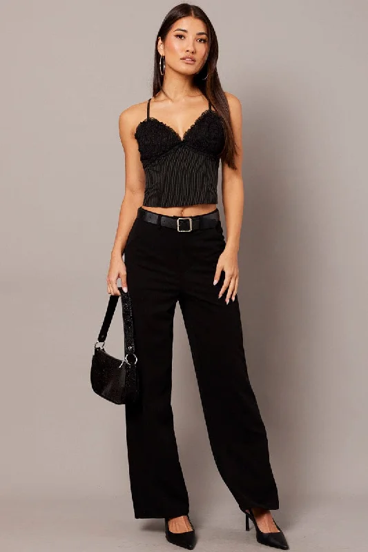 Black Stripe Cami Top Sleeveless Lace