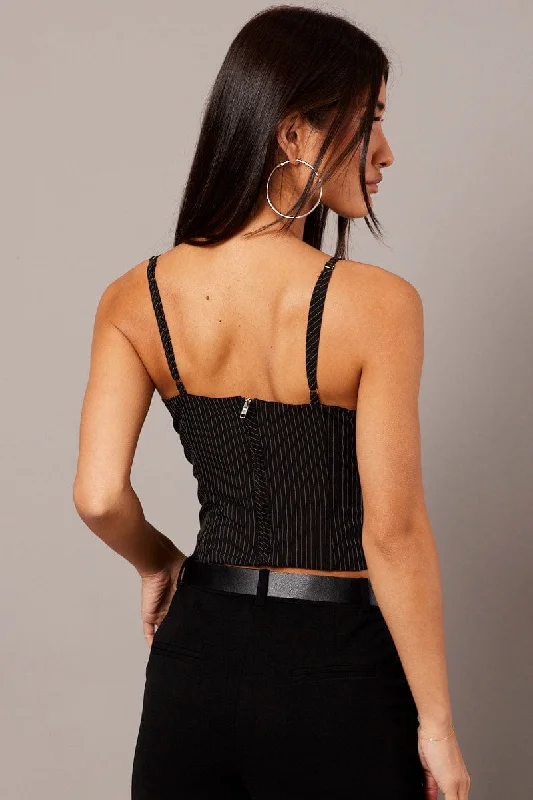 Black Stripe Cami Top Sleeveless Lace