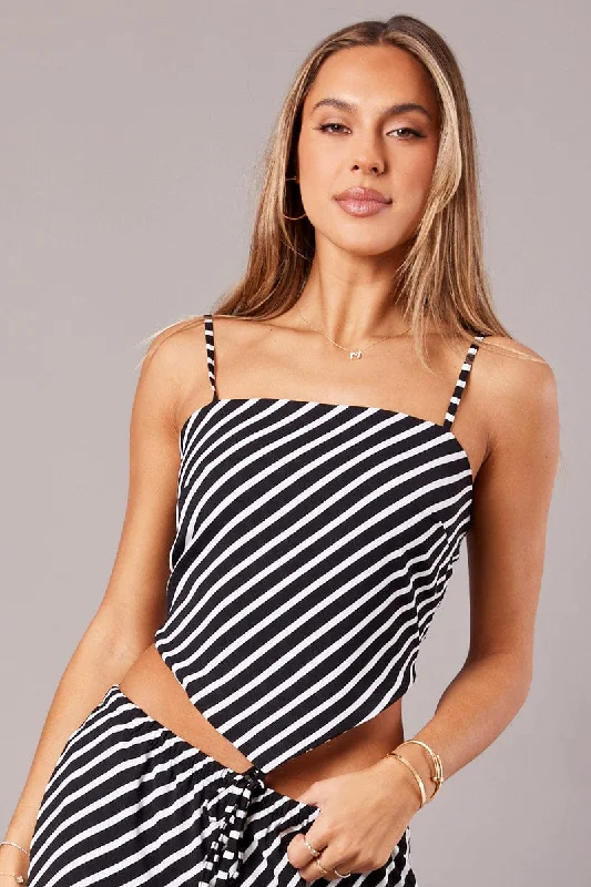 Black Stripe Crop Top Sleeveless Scarf Tie Back