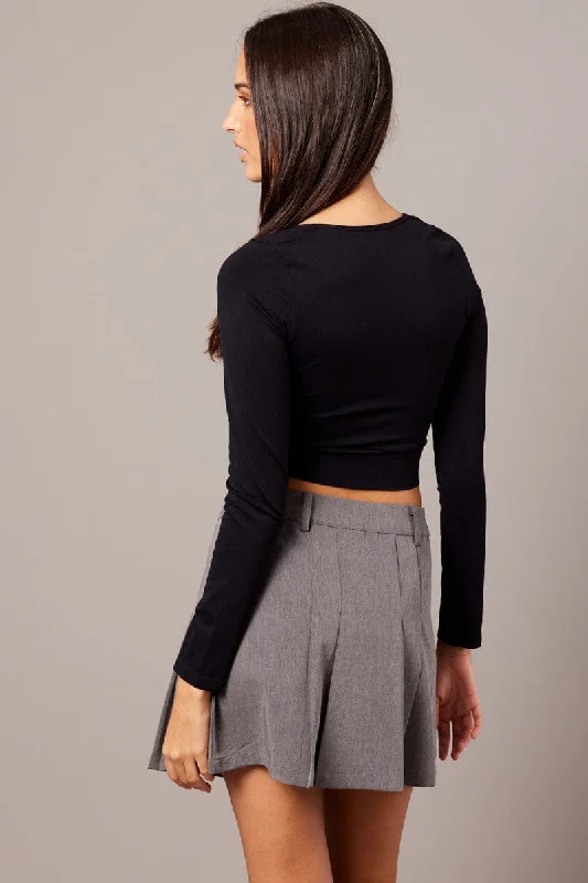 Black Top Seamless Long Sleeve V Neck Cropped