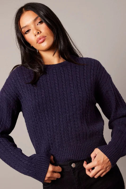 Blue Cable Knit Top Long Sleeve