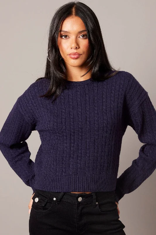 Blue Cable Knit Top Long Sleeve