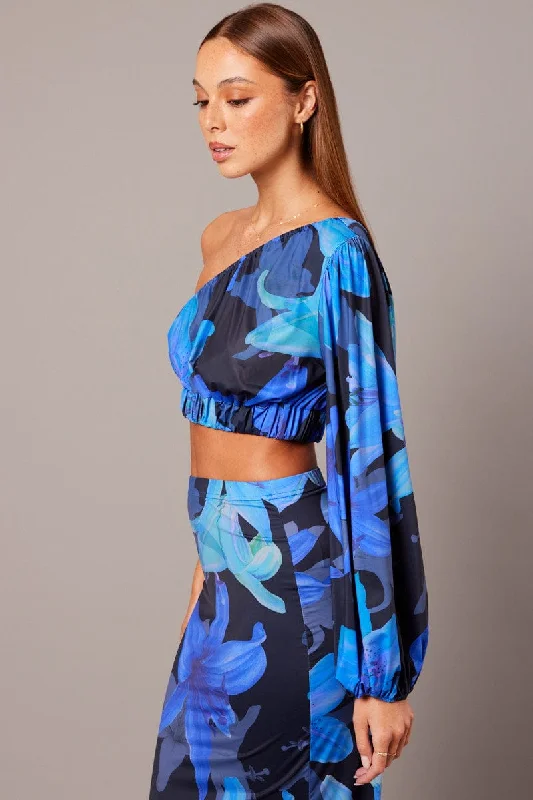 Blue Floral One Shoulder Top Balloon Sleeve Crop Top