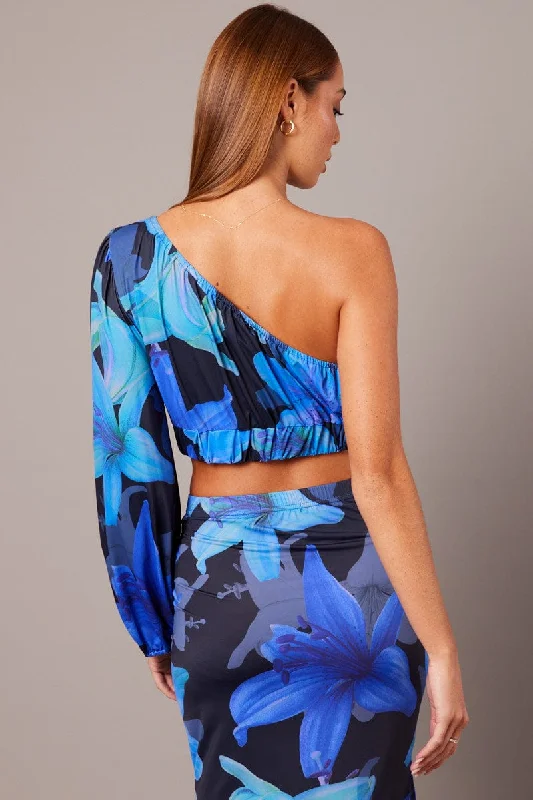 Blue Floral One Shoulder Top Balloon Sleeve Crop Top