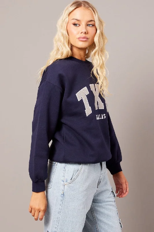 Blue Graphic Sweater Long Sleeve