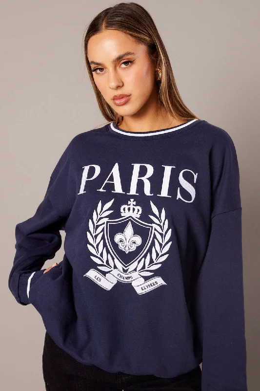 Blue Graphic Sweater Long Sleeve