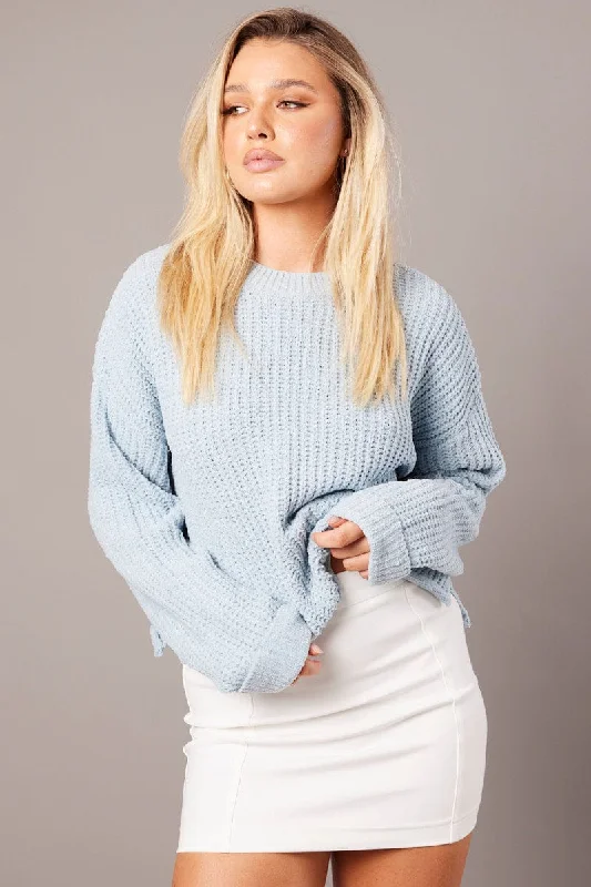 Blue Knit Top Long Sleeve Chenille