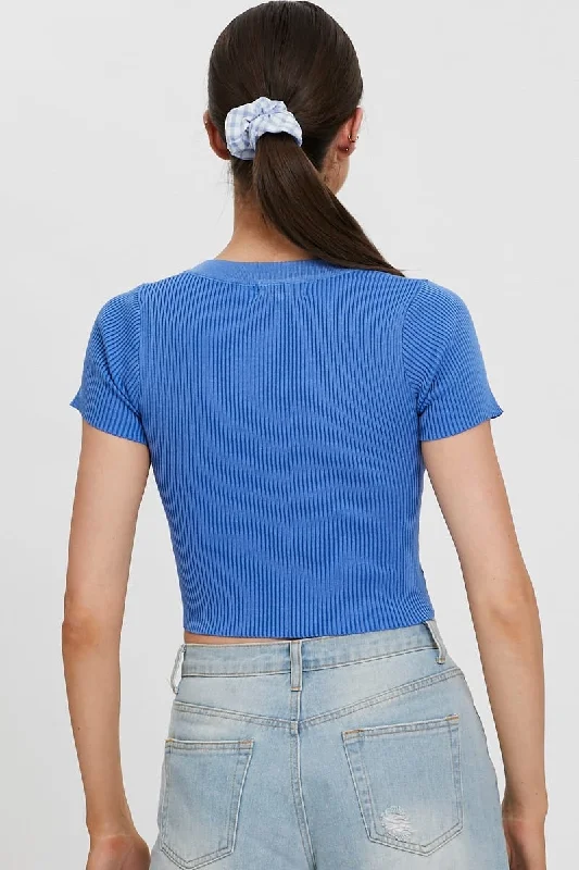 Blue Short Sleeve Knit Top