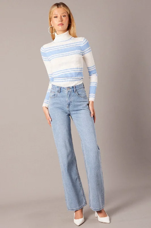 Blue Stripe Knit Top Long Sleeve High Neck