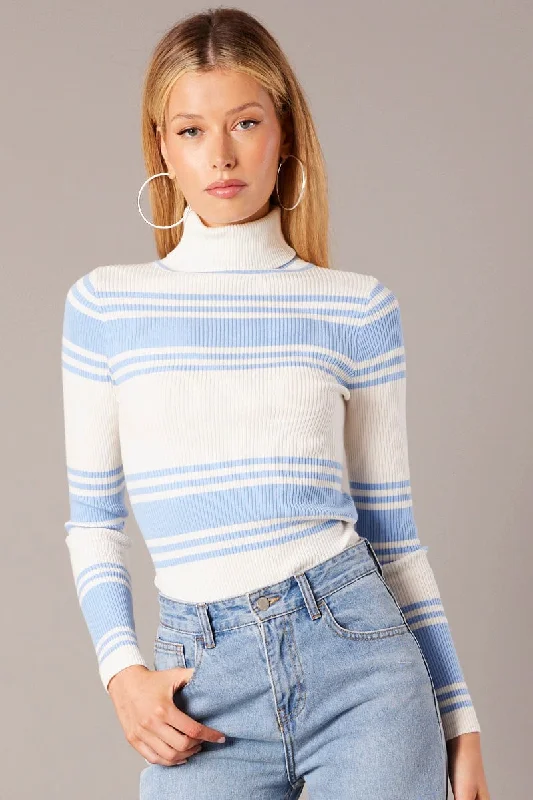 Blue Stripe Knit Top Long Sleeve High Neck