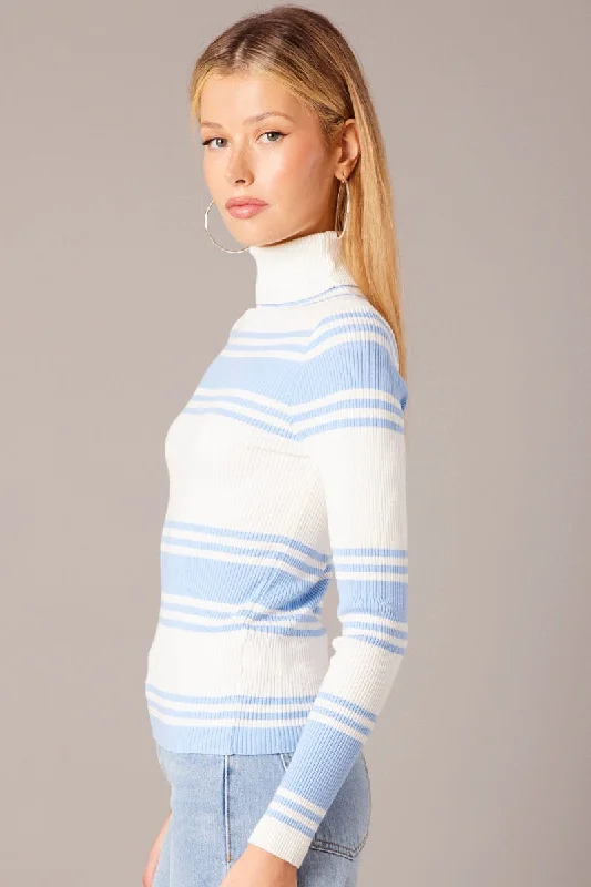 Blue Stripe Knit Top Long Sleeve High Neck