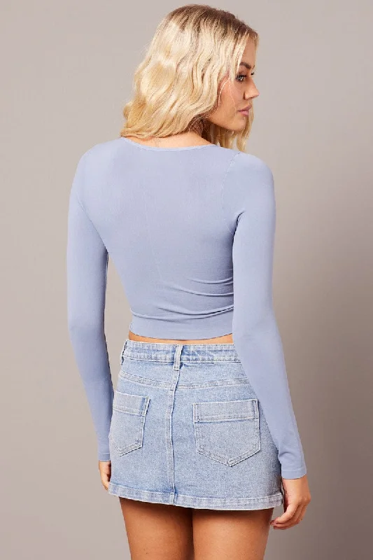 Blue Top Seamless Long Sleeve V Neck Cropped