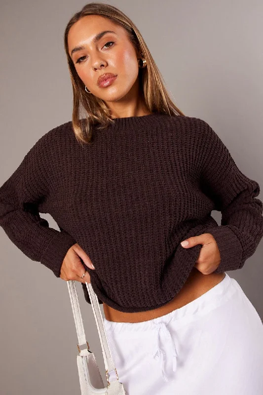 Brown Knit Top Long Sleeve Chenille