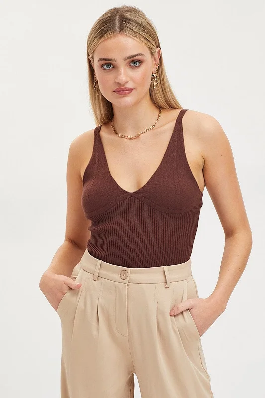 Brown Knit Top Sleeveless V-Neck Bodysuit