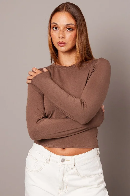 Brown Top Long Sleeve Crew Neck Modal