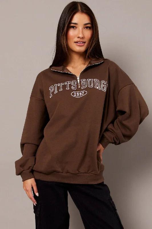 Brown Zip Neck Sweater Oversized