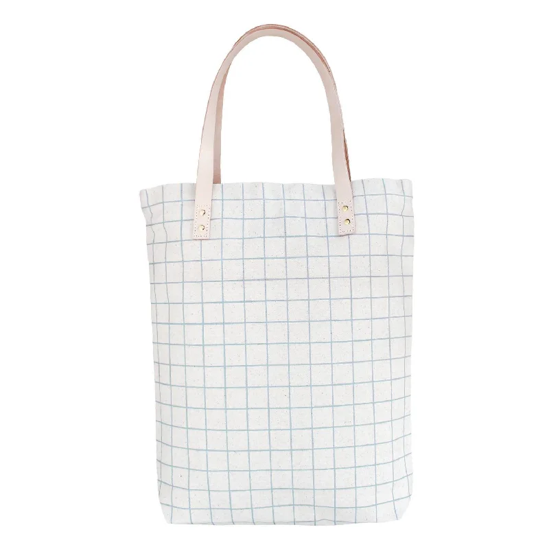 Cotton Canvas Tote Bag with Leather Straps - Ash Blue Grid Lines