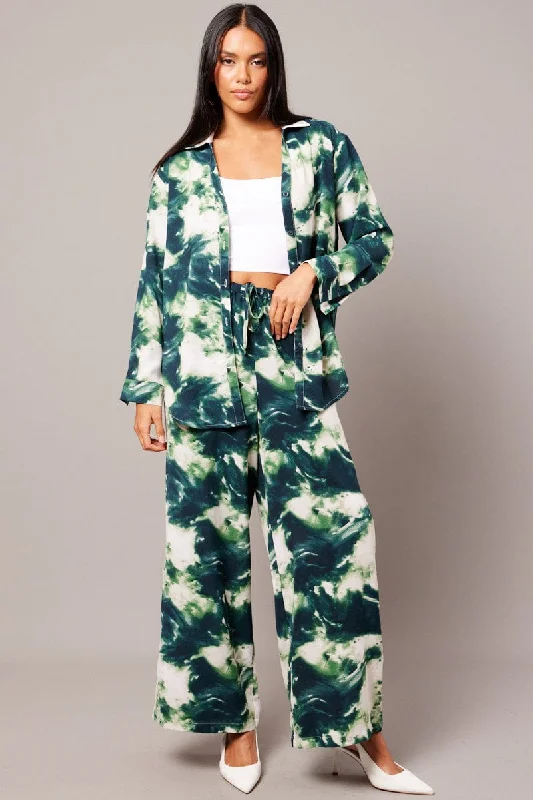 Green Abstract Relaxed Shirt Long Sleeve