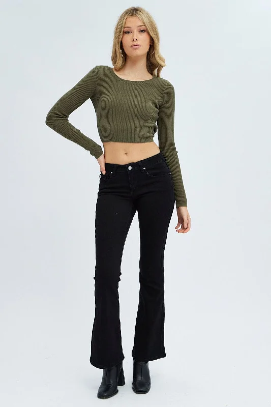 Green Knit Top Long Sleeve Crop