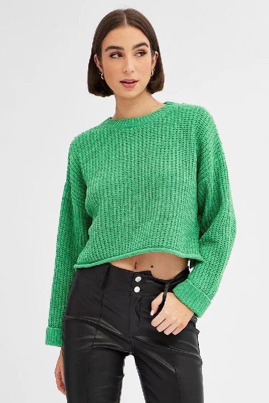 Green Knit Top Long Sleeve Crop Relaxed