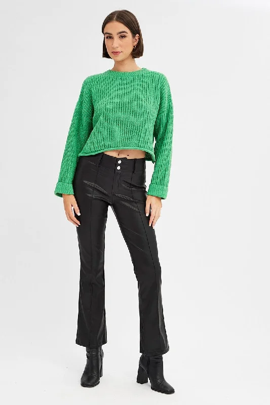 Green Knit Top Long Sleeve Crop Relaxed