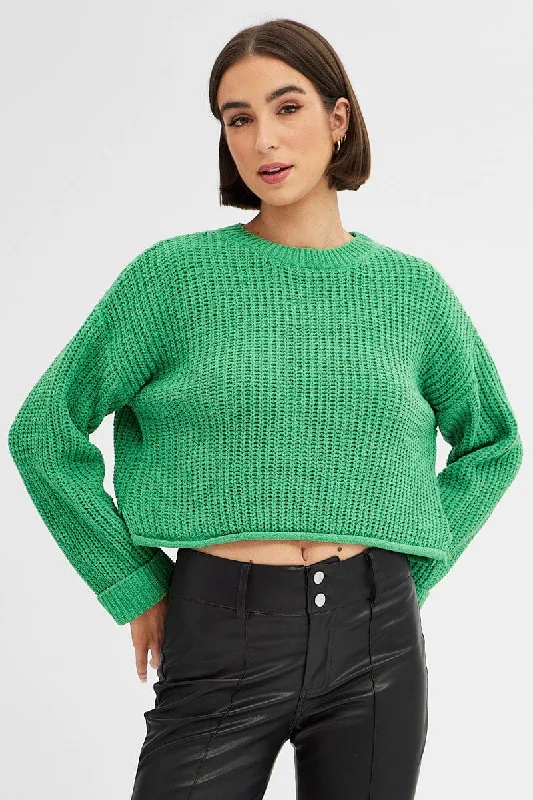 Green Knit Top Long Sleeve Crop Relaxed