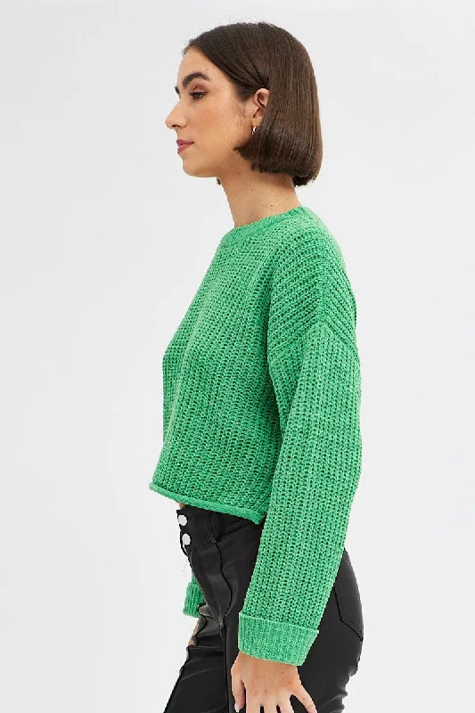 Green Knit Top Long Sleeve Crop Relaxed