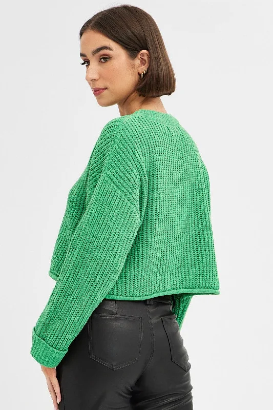 Green Knit Top Long Sleeve Crop Relaxed