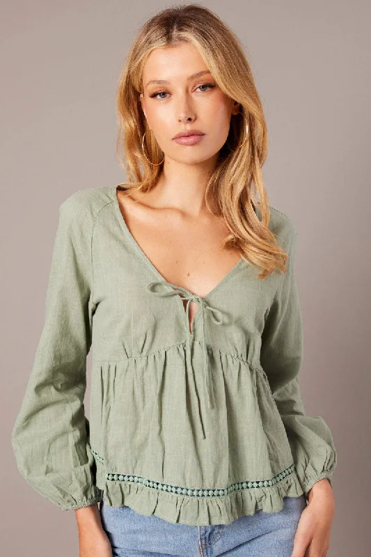 Green Smock Top Long Sleeve