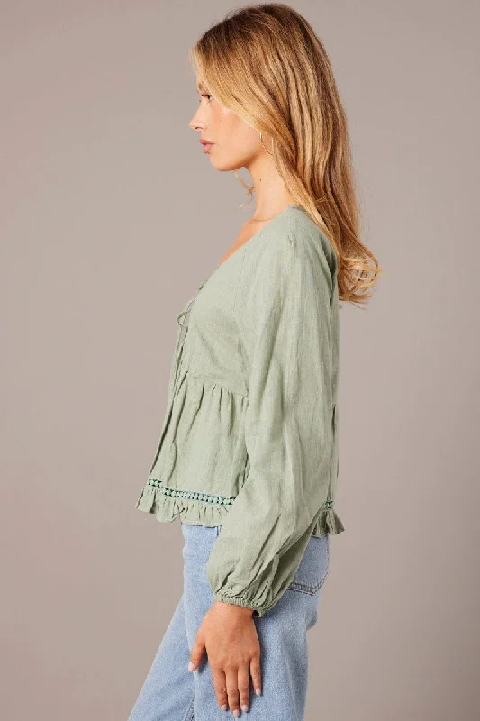 Green Smock Top Long Sleeve