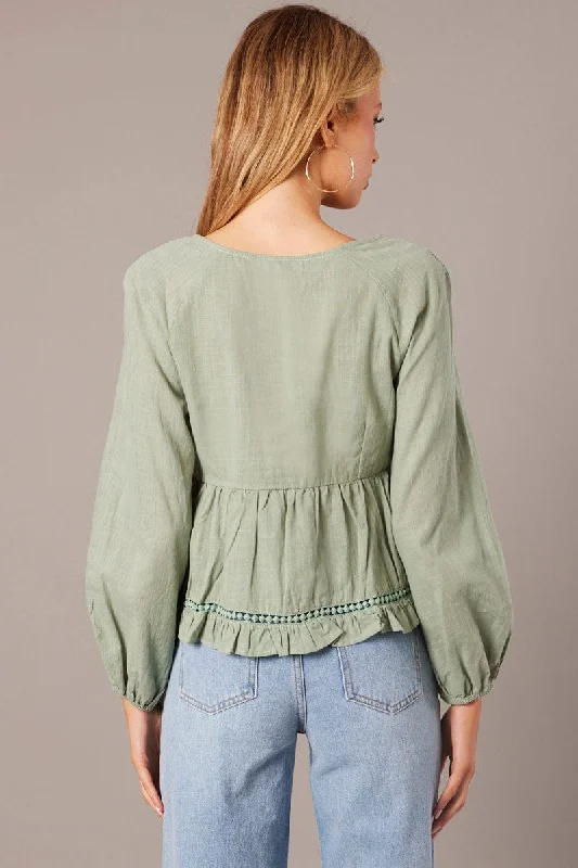 Green Smock Top Long Sleeve