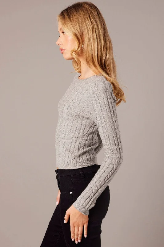 Grey Knit Top Long Sleeve Cable