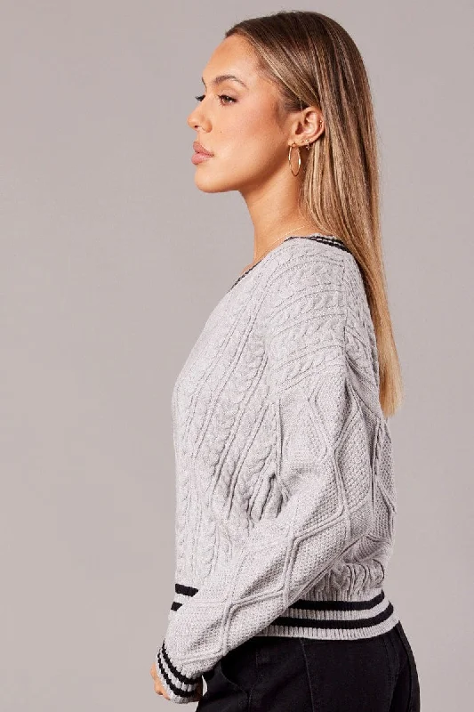 Grey Knit Top Long Sleeve V-Neck Cable