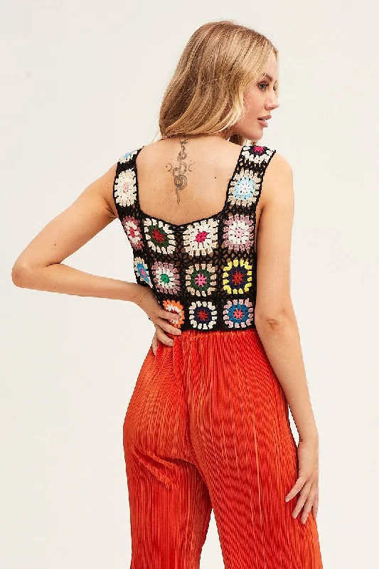 Multi Crochet Top Crop Square Neck