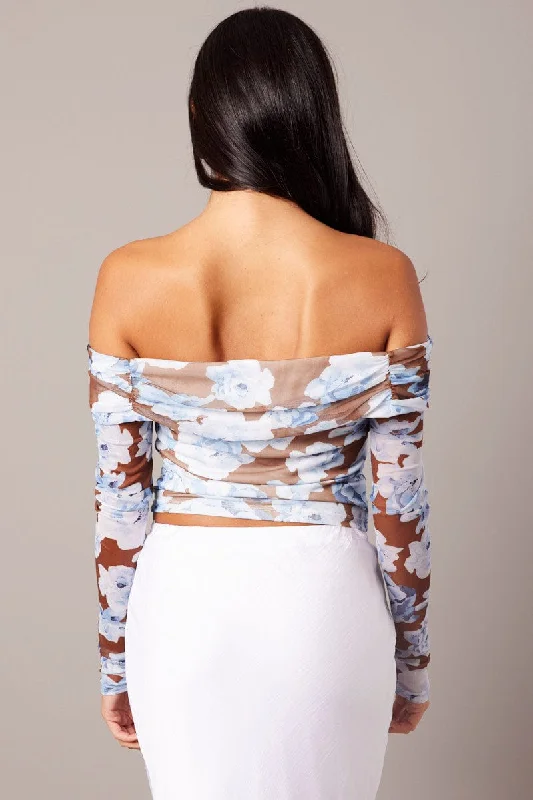 Multi Floral Off Shoulder Top Long Sleeve Mesh