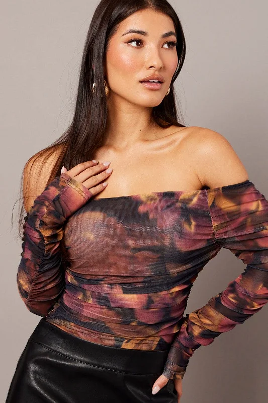 Multi Floral Off Shoulder Top Long Sleeve Mesh