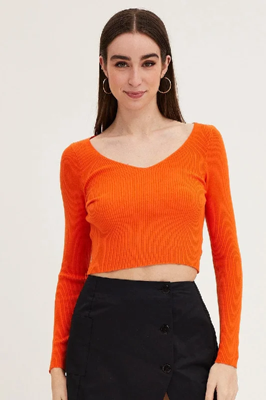 Orange Knit Top Long Sleeve Crop V-Neck