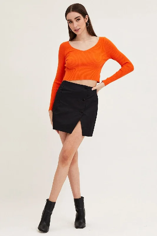 Orange Knit Top Long Sleeve Crop V-Neck