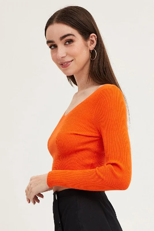 Orange Knit Top Long Sleeve Crop V-Neck