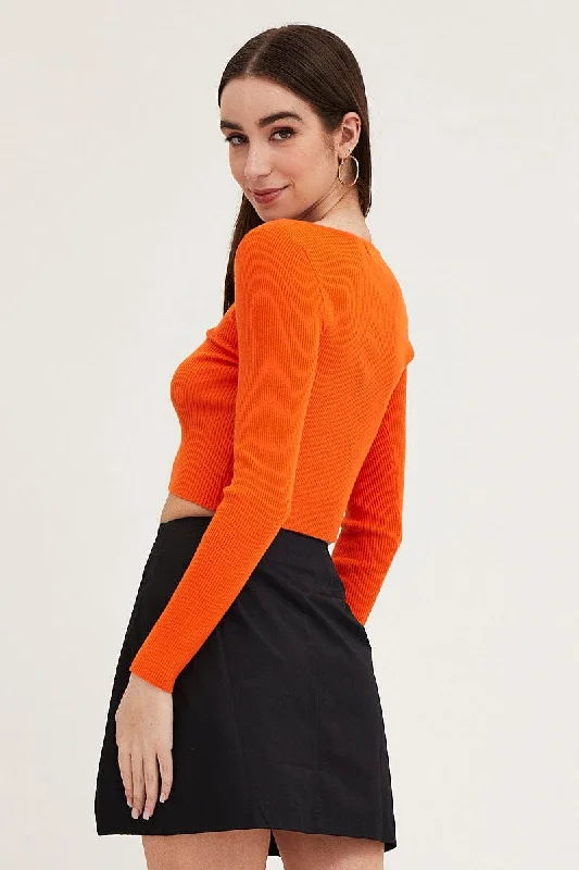 Orange Knit Top Long Sleeve Crop V-Neck