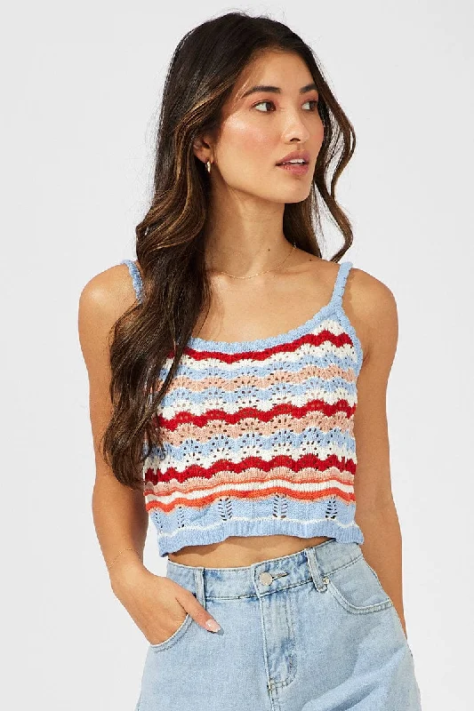 Orange Stripe Knit Singlet Sleeveless Scoop Neck Crochet