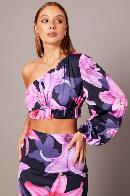 Pink Floral One Shoulder Top Balloon Sleeve Crop Top