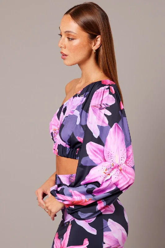 Pink Floral One Shoulder Top Balloon Sleeve Crop Top